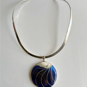 Vintage Sterling Silver Mexico Necklace & Blue Art Glass Seashell Pendant Taxco